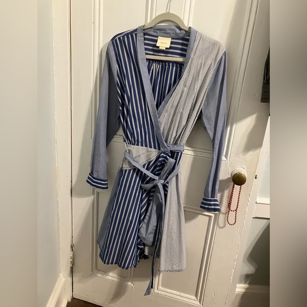Anthropologie Blue and White Striped Wrap Mini Dress